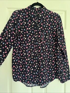 Rails 100% silk  Navy Button-Down Shirt with Pink and Light Blue Heart Print